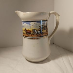 Ceramic Porcelain Dickins Days Pitcher Vase  Stagecoach design Gold Trim Handle